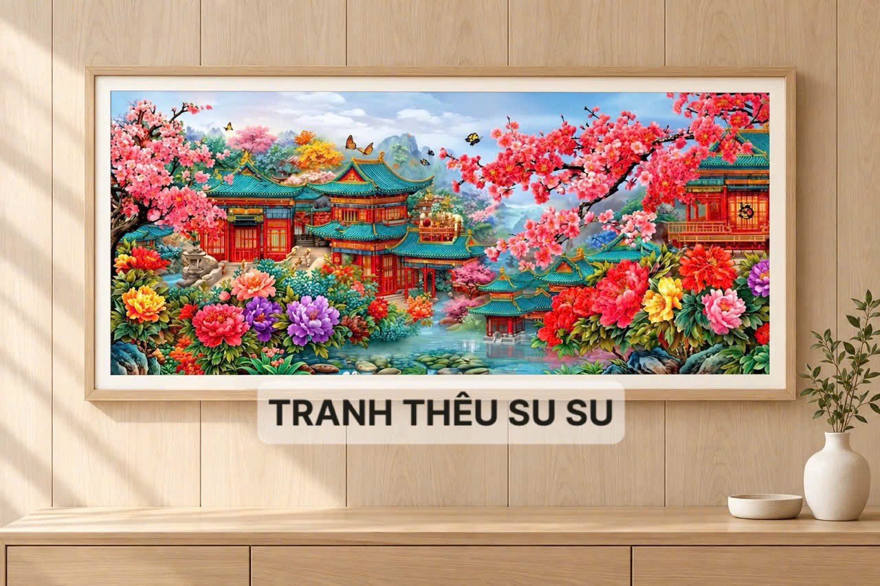 Tranh thêu kín Phong cảnh bên hồ VS9174, kích thước 120 x 55 cm
