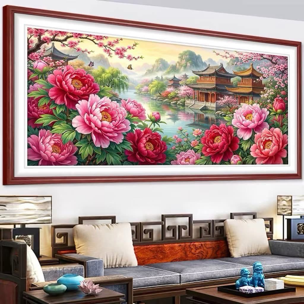Tranh thêu kín Mẫu đơn phú quý VS9190, kích thước 120 x 55 cm