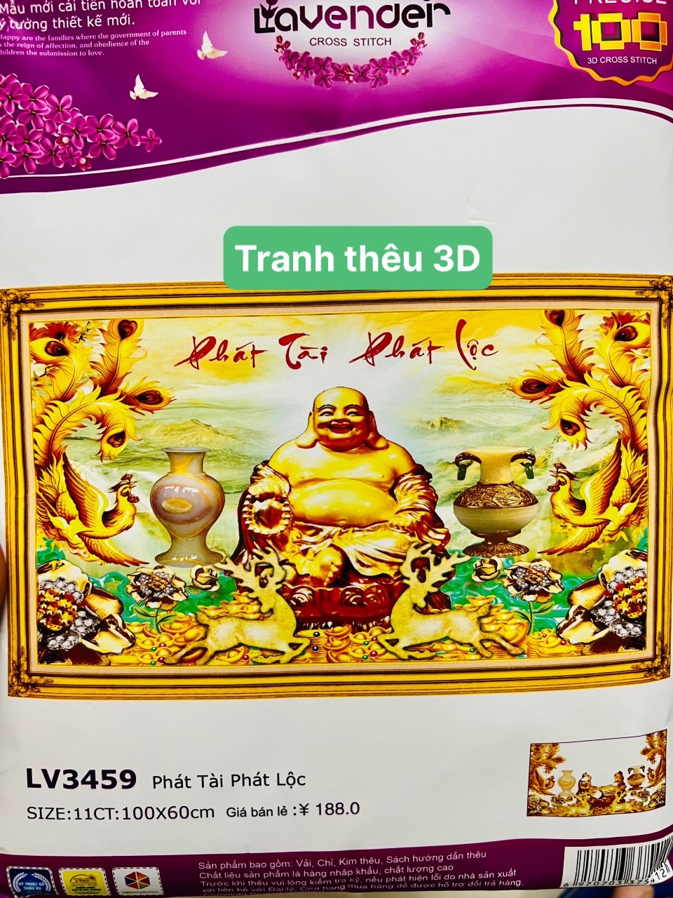 Tranh thêu chữ thập Phật Di Lặc LV3459, kích thước 100 x 60 cm