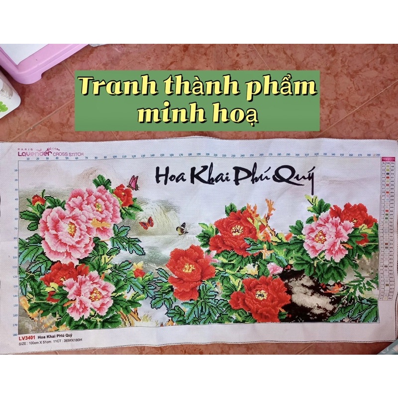 Tranh thêu chữ thập Hoa khai phú quý LV3401, kích thước 100 x 50 cm, tranh 3D (không thêu kín)