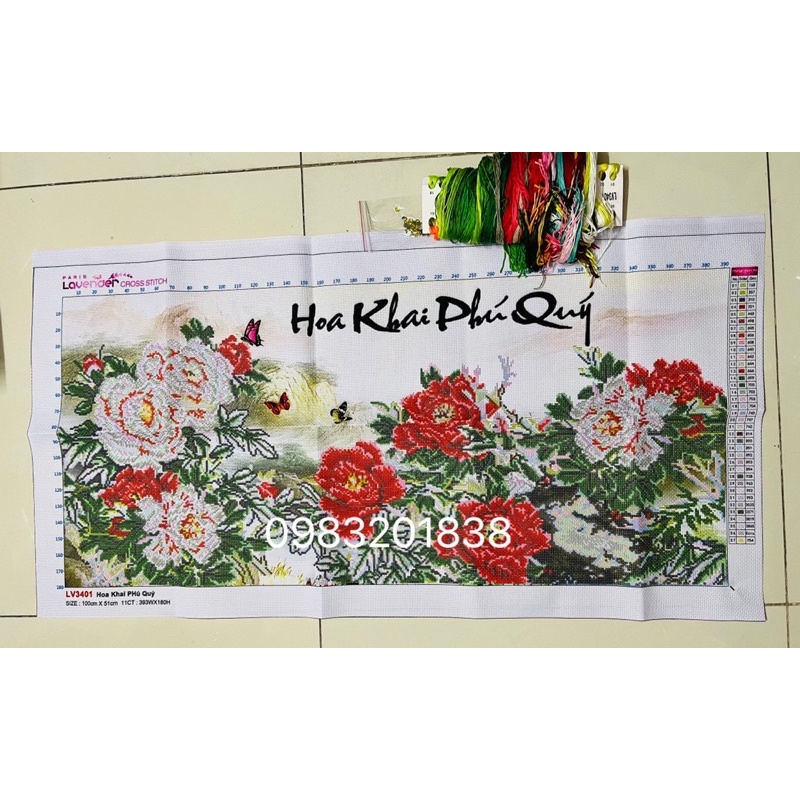Tranh thêu chữ thập Hoa khai phú quý LV3401, kích thước 100 x 50 cm, tranh 3D (không thêu kín)