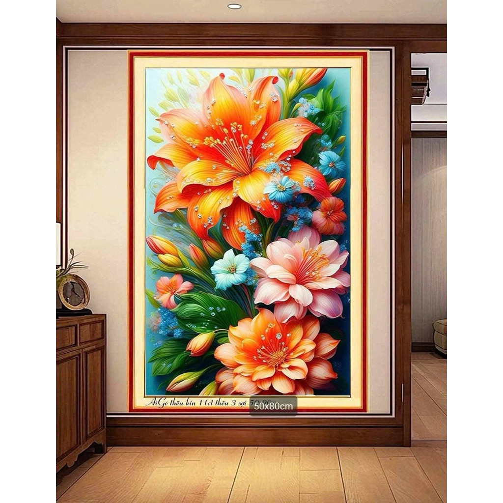 Tranh thêu kín Hoa bách hợp 70247, kích thước 50 x 80cm