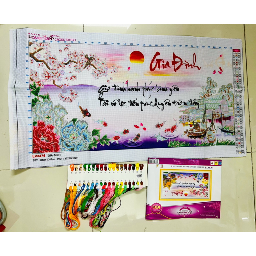 Tranh thêu chữ thập Gia đình LV3476, kích thước 84x 47 cm, (tranh thêu 3D)