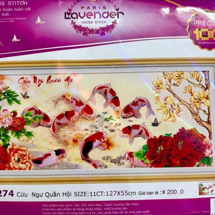 Tranh thêu Cửu ngư quần hội LV3472, kích thước 127 x 55 cm