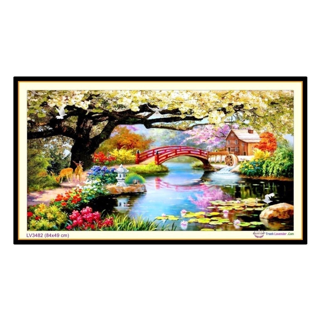 Tranh thêu chữ thập Phong cảnh ngôi nhà hạnh phúc LV3482, kích thước 84 x 49 cm