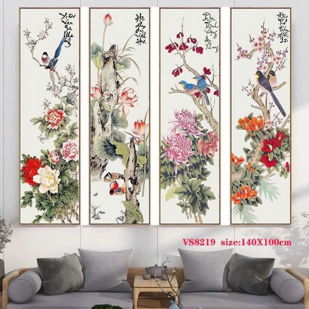 Tranh tứ quý thêu kín Xuân Hạ thu đông VS8219, kt 140 x 100 cm (4 miếng vải rời)