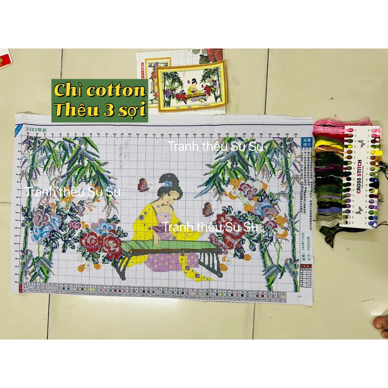 Tranh thêu chữ thập nàng tiên gãy đàn 3032, nền trắng không thêu, kích thước 90 x 50 cm