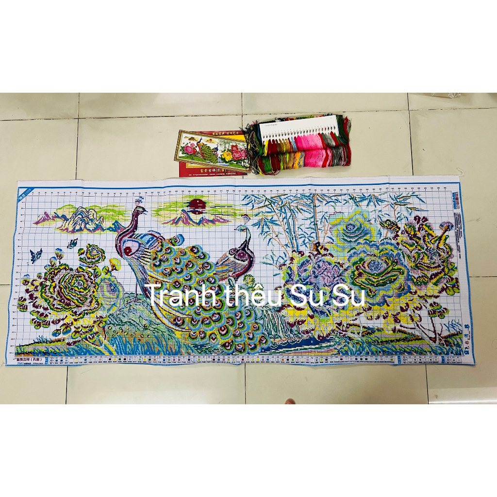 Tranh thêu chữ thập đôi công và hoa mẫu đơn 2561, kích thước 165 x 65 cm