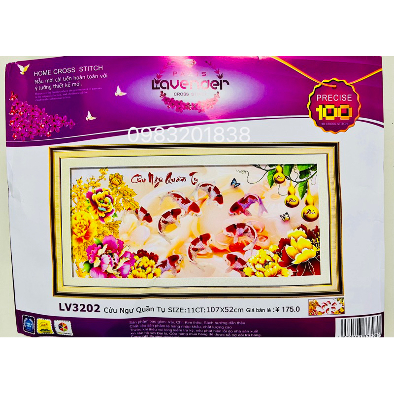 Tranh thêu chữ thập Cửu ngư quần tụ LV3202, kích thước 107 x 52 cm