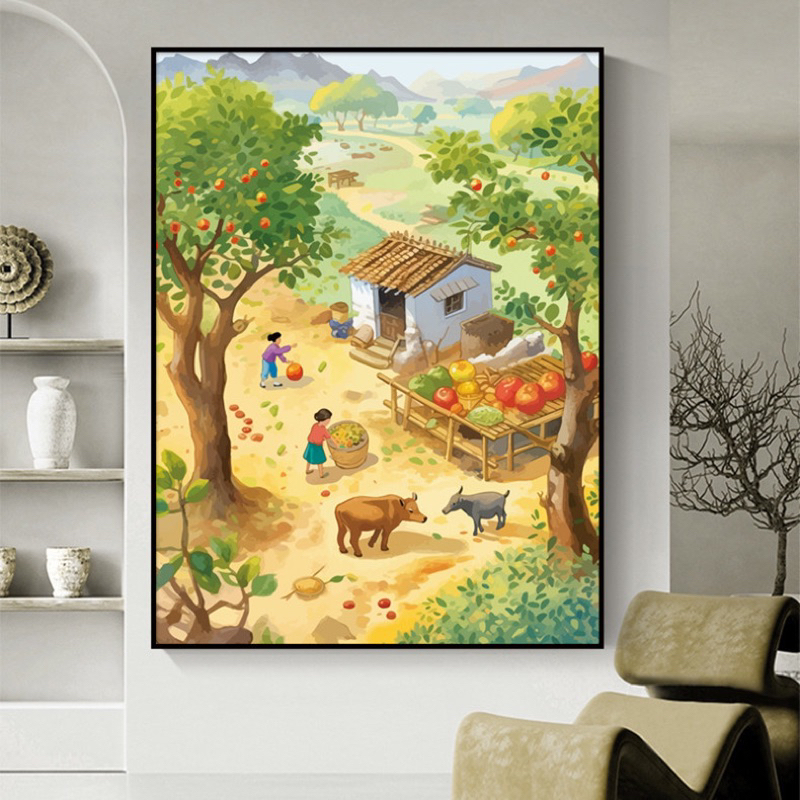 Tranh thêu kín Phong cảnh làng quê mùa gặt, kích thước 50 x 60 cm