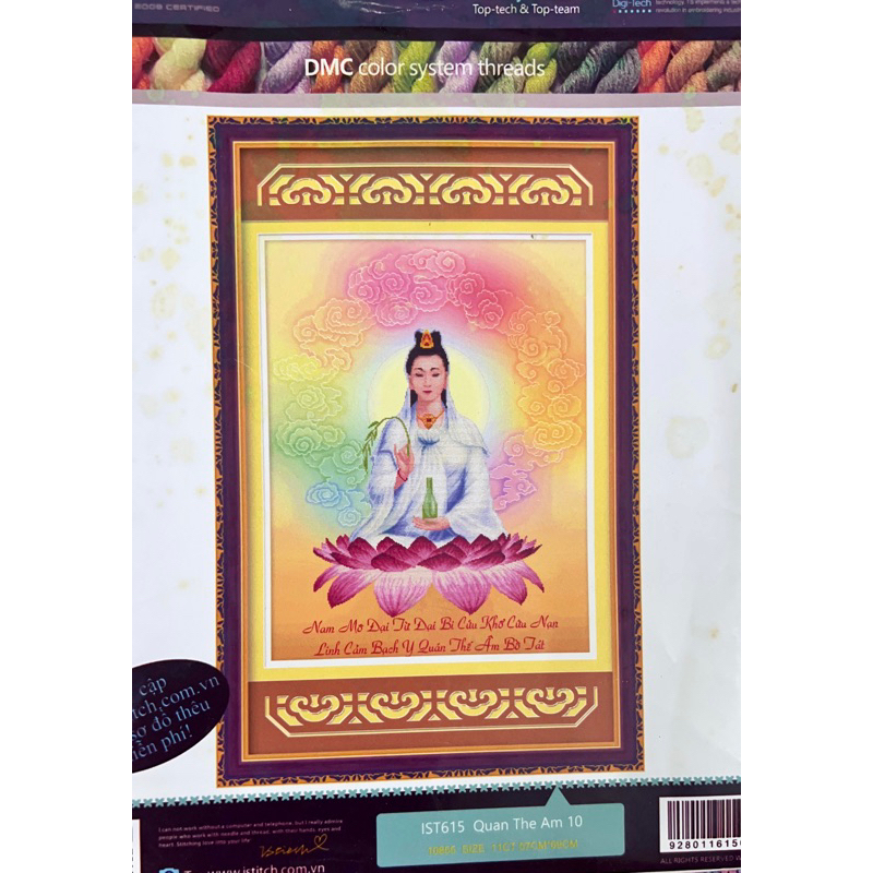 Tranh thêu chữ thập Mẹ quan âm, kích thước 70 x 90 cm, thêu kín quan âm, nền không thêu