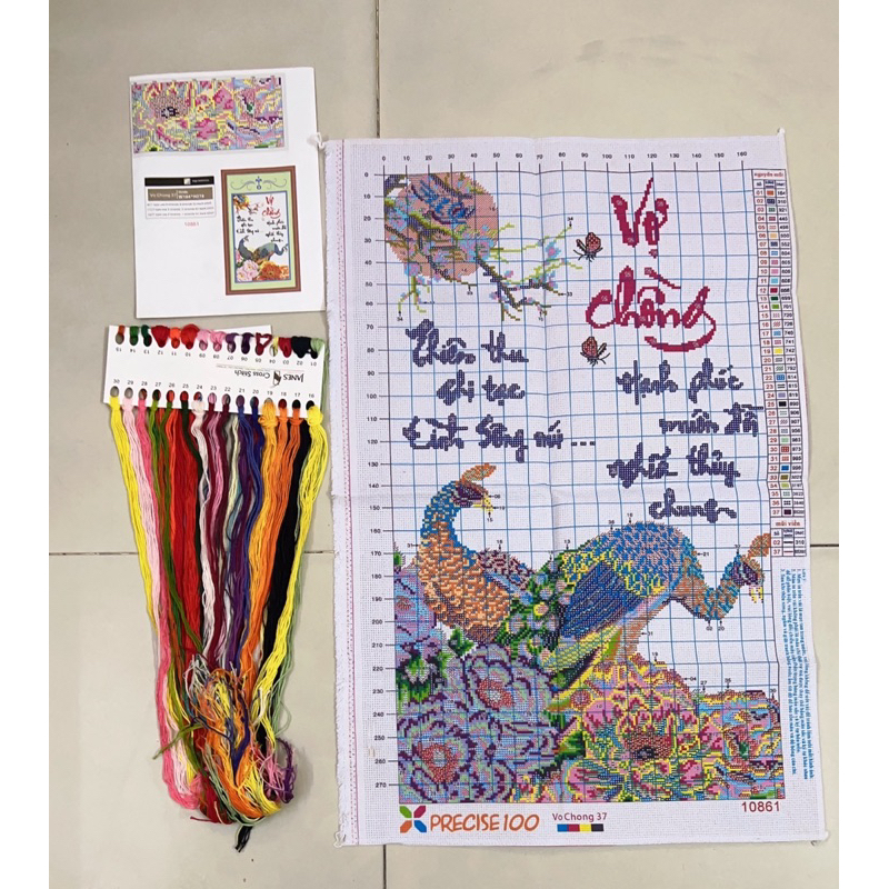 Tranh thêu chữ thập Vợ chồng, kích thước 48 x 74 cm, nền trắng không thêu