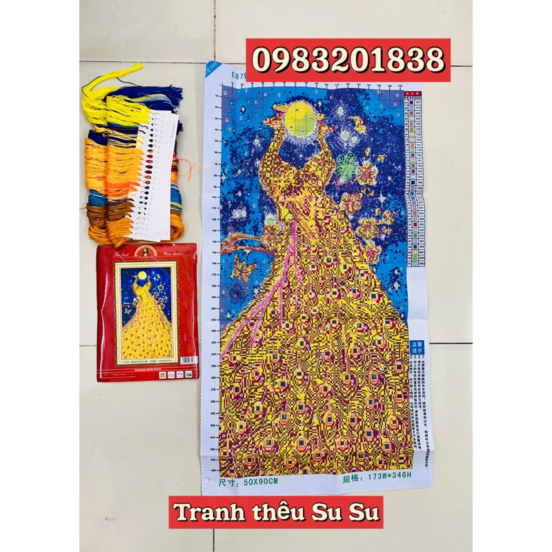 Tranh thêu kín đôi công vàng Phú quý E87, kích thước 50 x 90 cm
