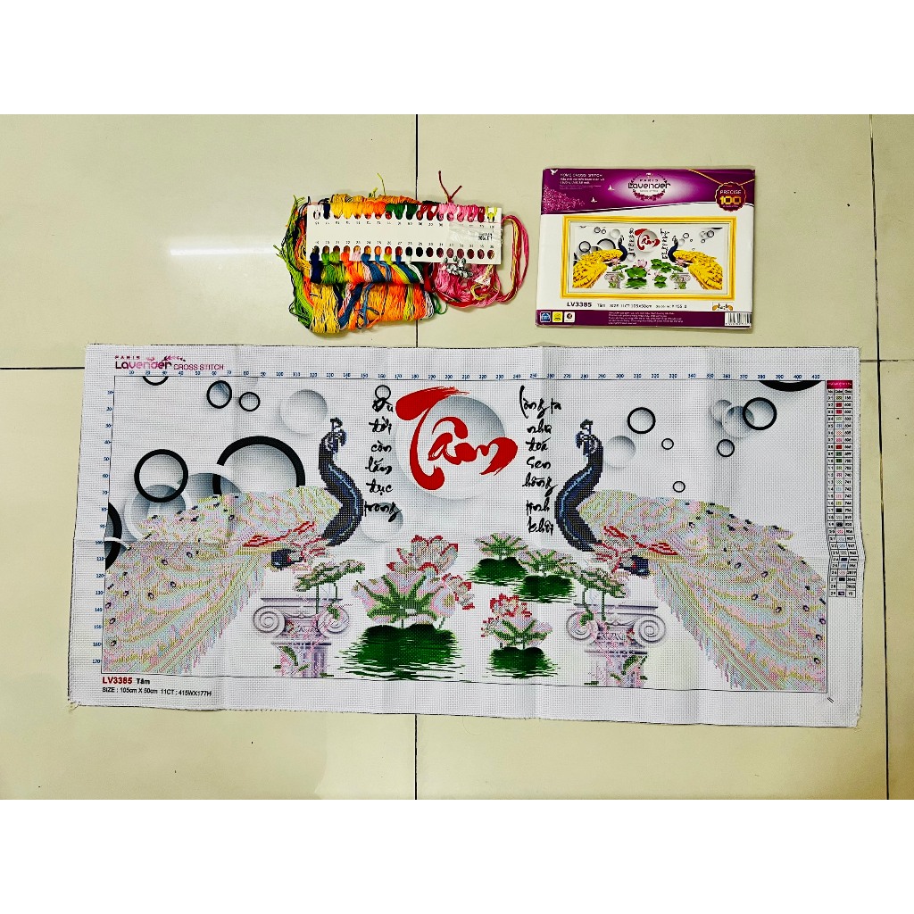 Tranh thêu chữ thập Đôi công vàng LV3385, kích thước 100 x 50 cm (chữ Tâm)