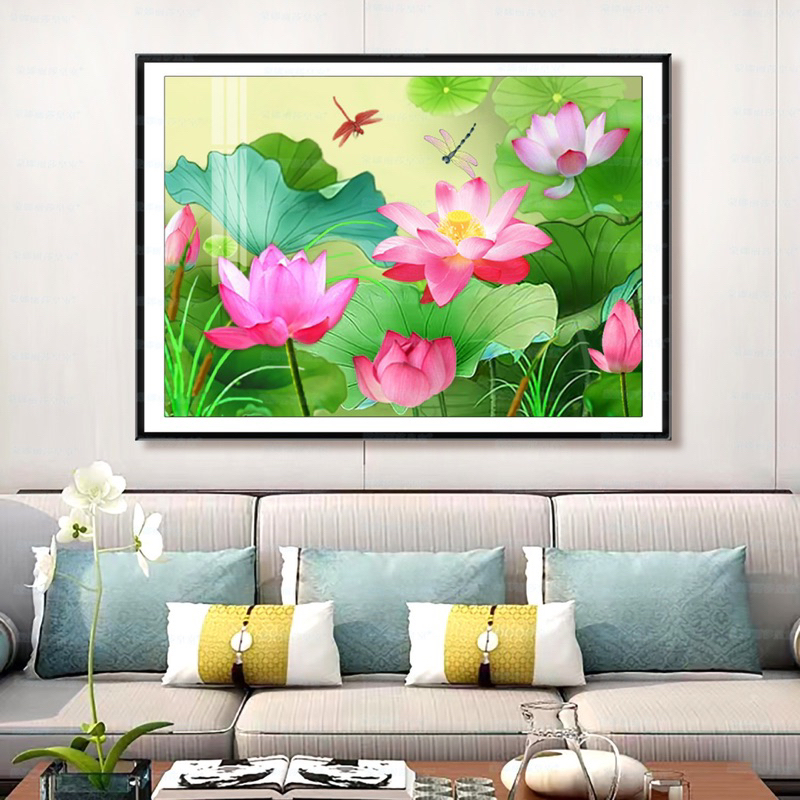 [Thêu 4 sợi] Tranh thêu kín chữ thập ao sen 64352, 9CT, kích thước 80 x 60 cm