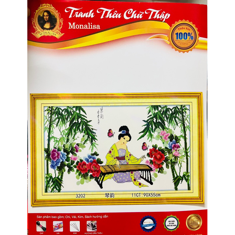 Tranh thêu chữ thập nàng tiên gãy đàn 3032, nền trắng không thêu, kích thước 90 x 50 cm