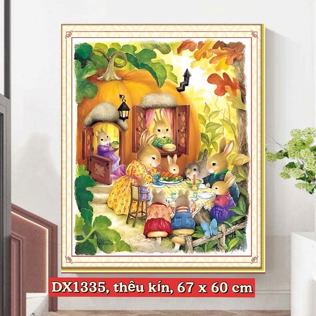 Tranh thêu kín chữ thập Thỏ mở tiệc, các loại thỏ dễ cưng