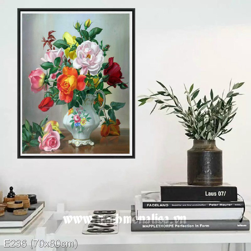 Tranh thêu kín bình hoa hồng E236, kích thước 70 x 80 cm