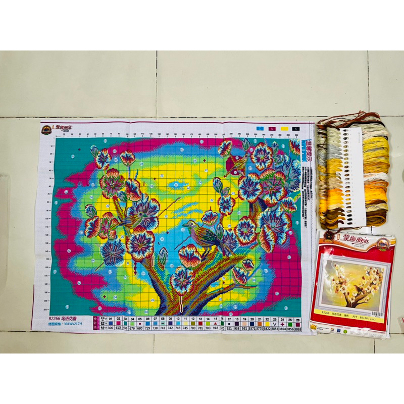 Tranh thêu kín chữ thập Hoa mai vàng và chim 82266, kích thước 80 x 60 cm