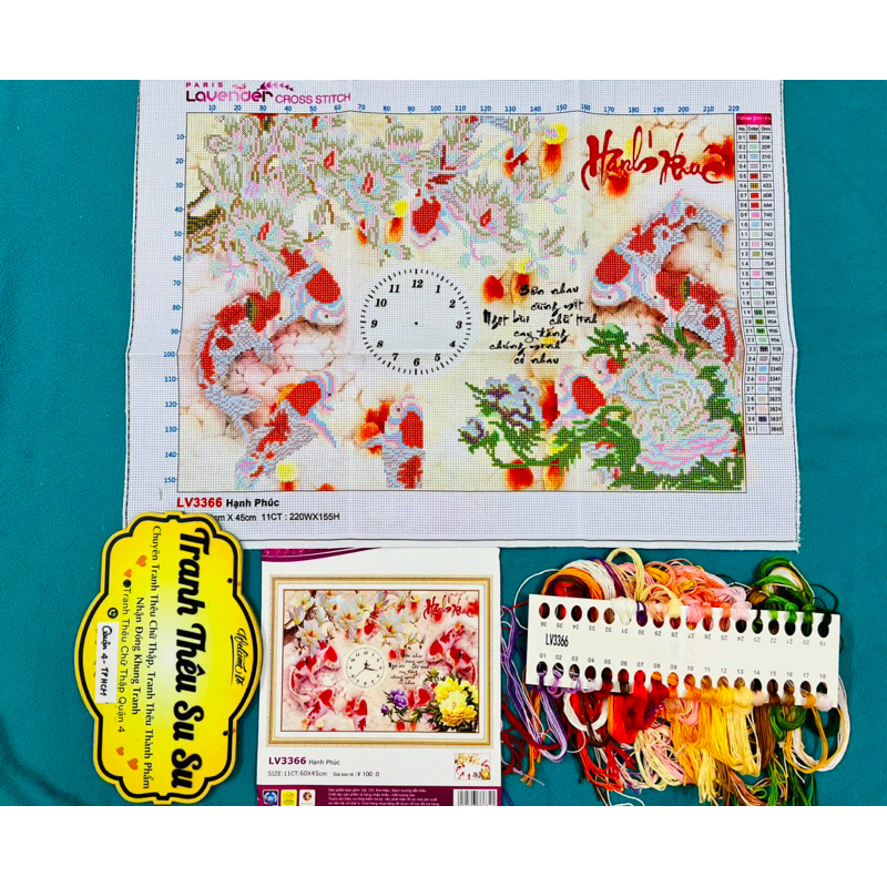 Tranh thêu đồng hồ cửu ngư LV3366, kích thước 60 x 45 cm