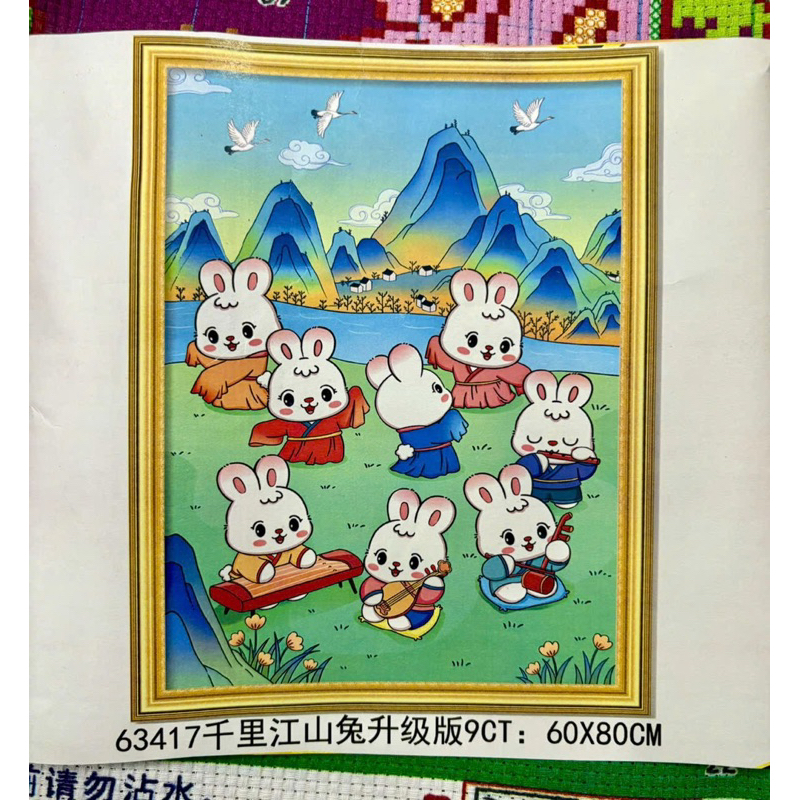 [Thêu 4 sợi] Tranh thêu kín Thỏ vui ca, kích thước 60 x 80 cm