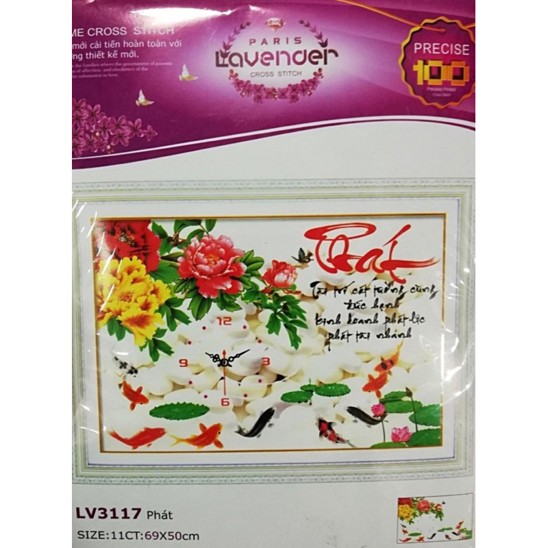 Tranh thêu chữ thập đồng hồ chữ Phát LV3117, kích thước 69 x 50 cm