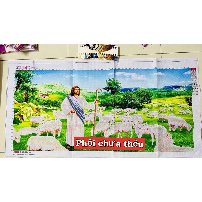 Tranh thêu chữ thập Chúa chăn cừu LV3504, kích thước 125 x 63 cm