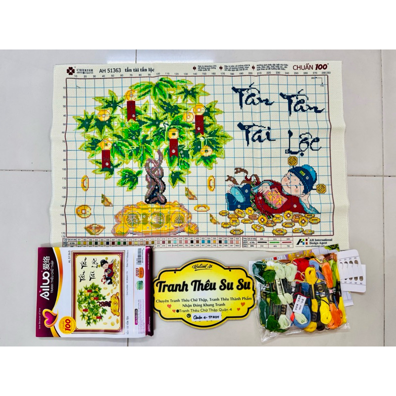 Tranh thêu chữ thập Tấn Tài tấn lộc AL51363, kích thước 65 x 40 cm