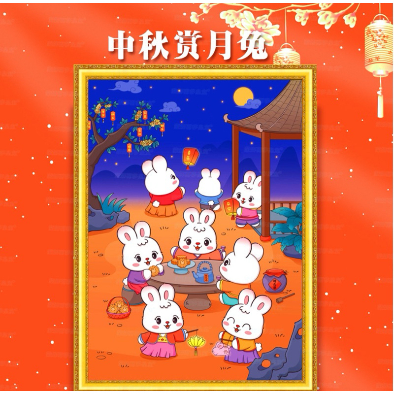 [Thêu 4 sợi] Tranh thêu kín Thỏ vui ca, kích thước 60 x 80 cm