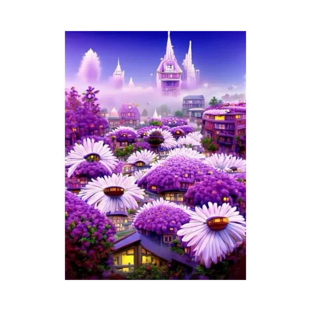 Tranh thêu kín lâu đài mây tím J8011, kích thước  60 X 80 CM