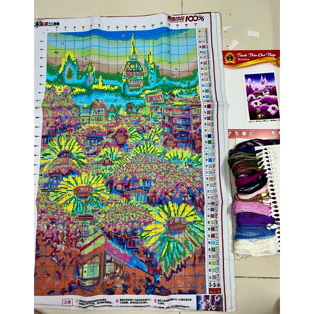 Tranh thêu kín lâu đài mây tím J8011, kích thước  60 X 80 CM