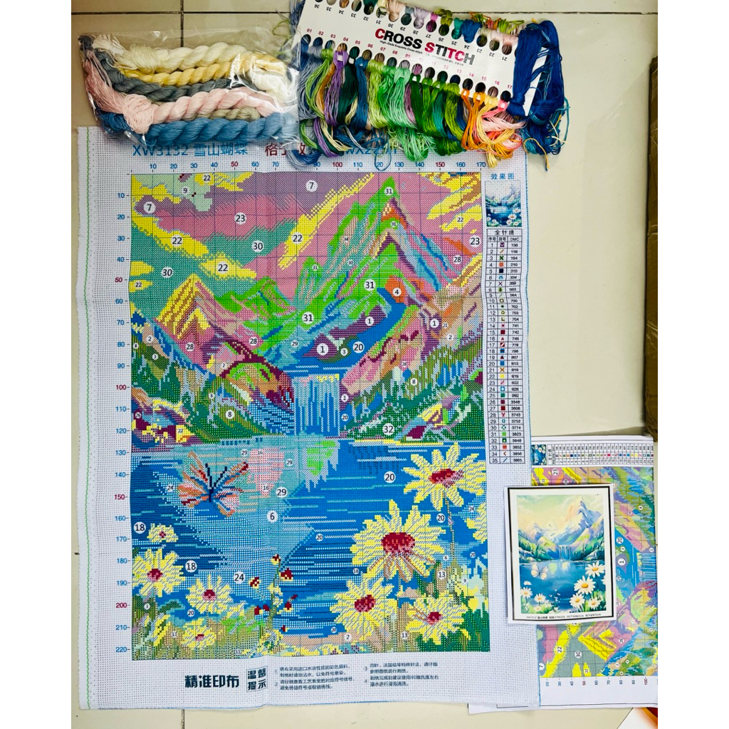 [Thêu 4 sợi] Tranh thêu kín Cúc hoạ mi bên suối 3132, kích thước 60 x 75 cm