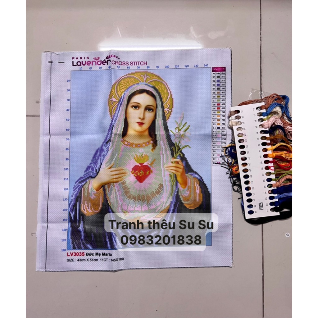 Tranh thêu chữ thập Đức Mẹ Maria LV3035, kích thước 43 x 51 cm