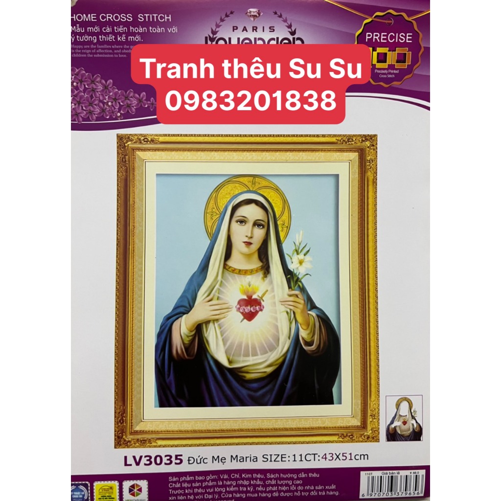 Tranh thêu chữ thập Đức Mẹ Maria LV3035, kích thước 43 x 51 cm