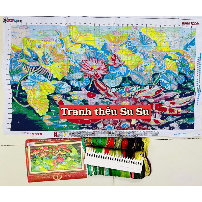 Tranh thêu kín Cửu ngư quần hội MH2164, kích thước 100*60 cm