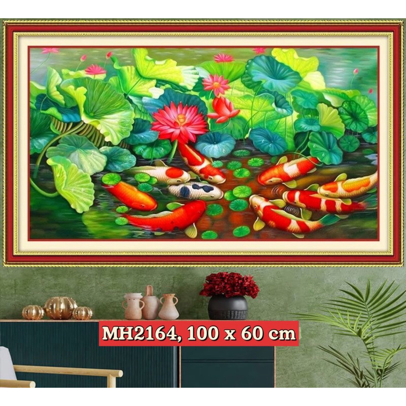 Tranh thêu kín Cửu ngư quần hội MH2164, kích thước 100*60 cm