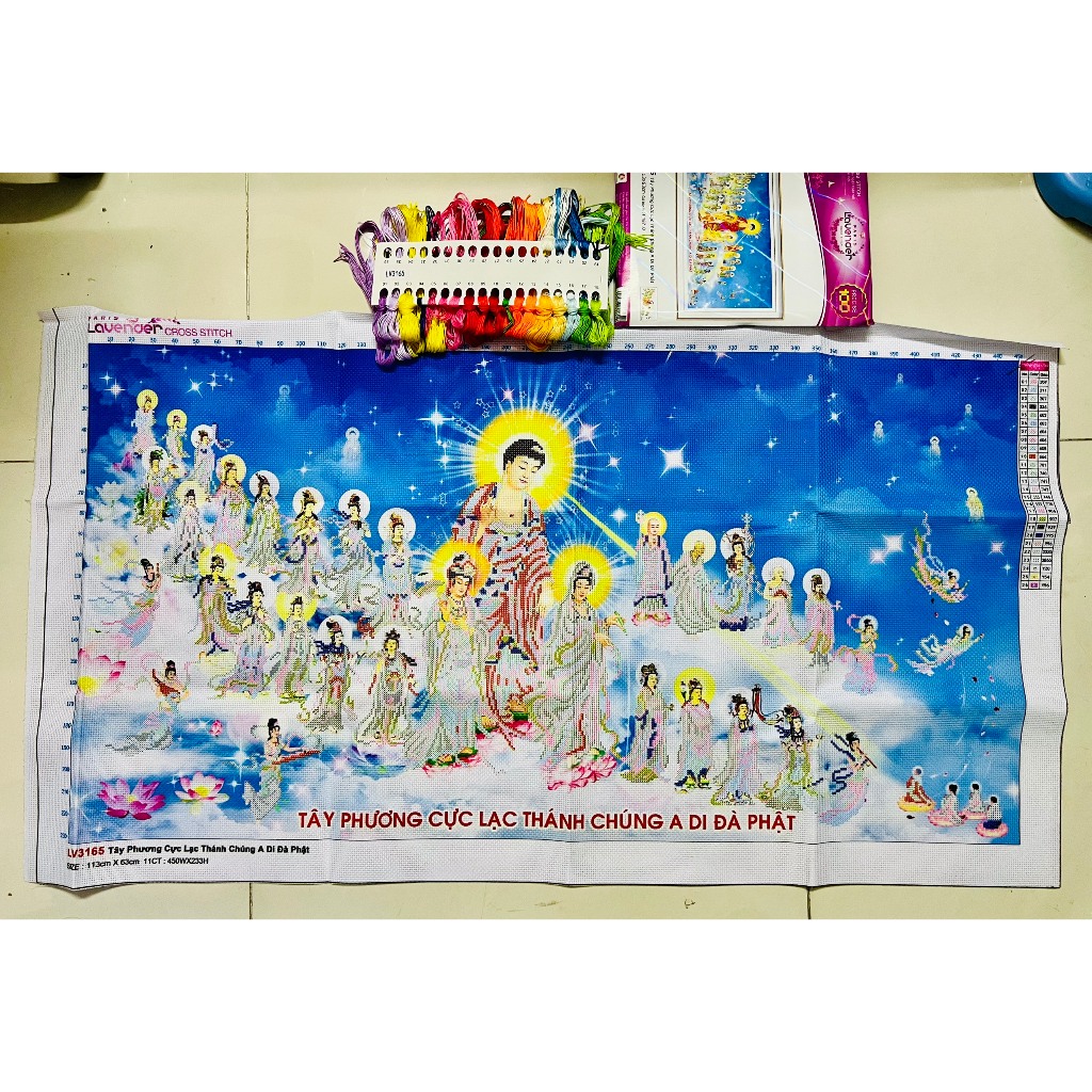 Tranh thêu Tây phương cực lạc thánh chúng a di đà phật LV3165, kích thước 113 x 63 cm