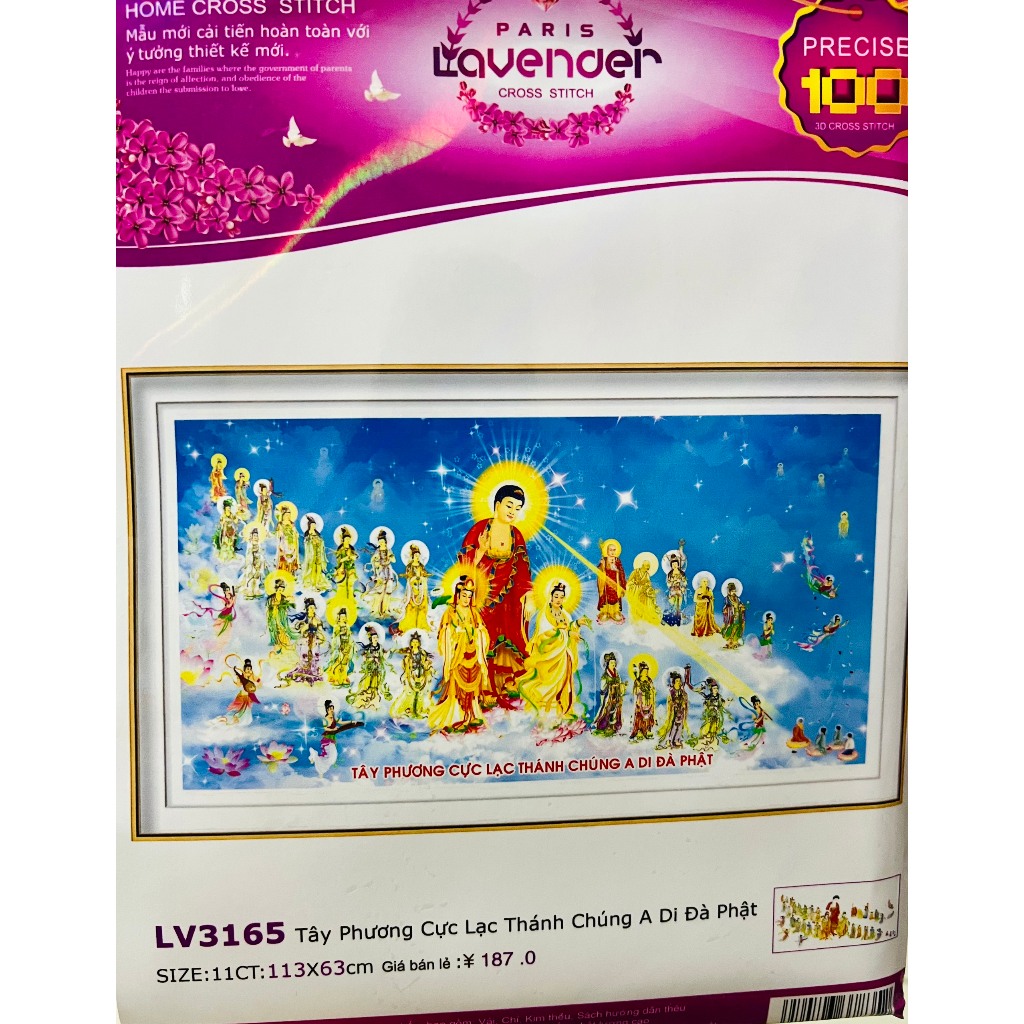 Tranh thêu Tây phương cực lạc thánh chúng a di đà phật LV3165, kích thước 113 x 63 cm
