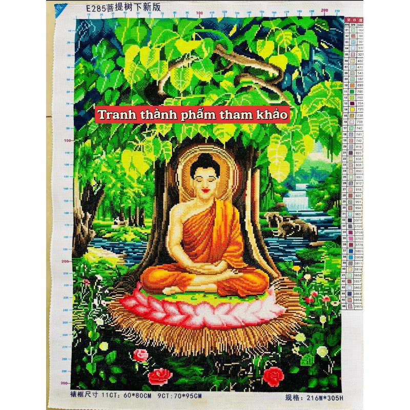 Tranh thêu kín Phật thích ca ngồi dưới gốc cây bồ đề E285, kích thước 60 x 80 cm
