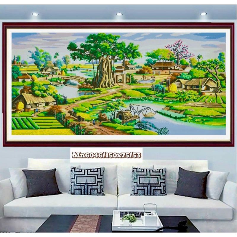 Tranh thêu kín phong cảnh Làng quê MN6046, kích thước 150 x 75 cm
