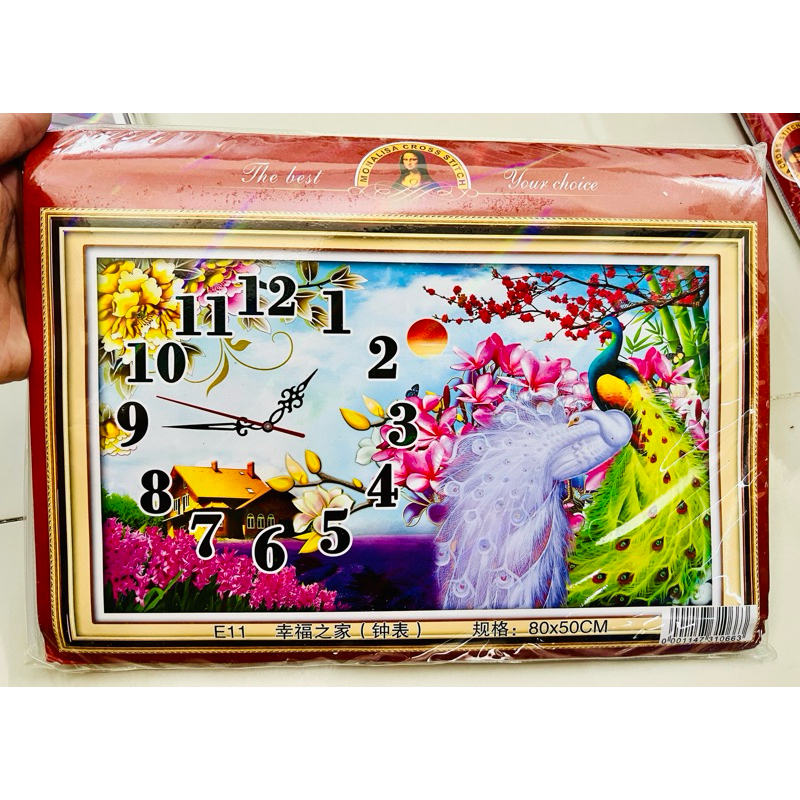 Tranh thêu kín đồng hồ chim công E11, kích thước 80 x 50 cm