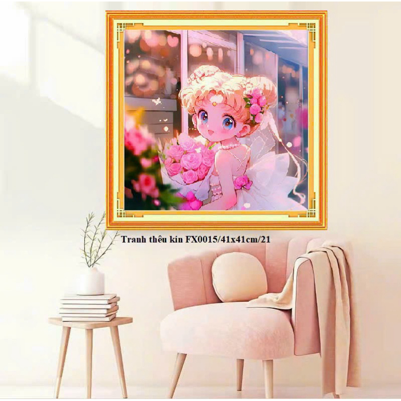 Tranh thêu kín bé gái, thêu kín 3 sợi (11CT), kích thước mỗi bức 40 x 40 cm
