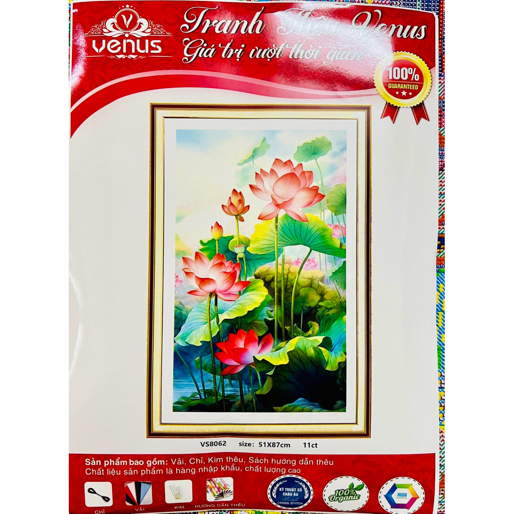 Tranh thêu kín Hoa sen tinh khiết VS8062, kích thước 50 x 85 cm