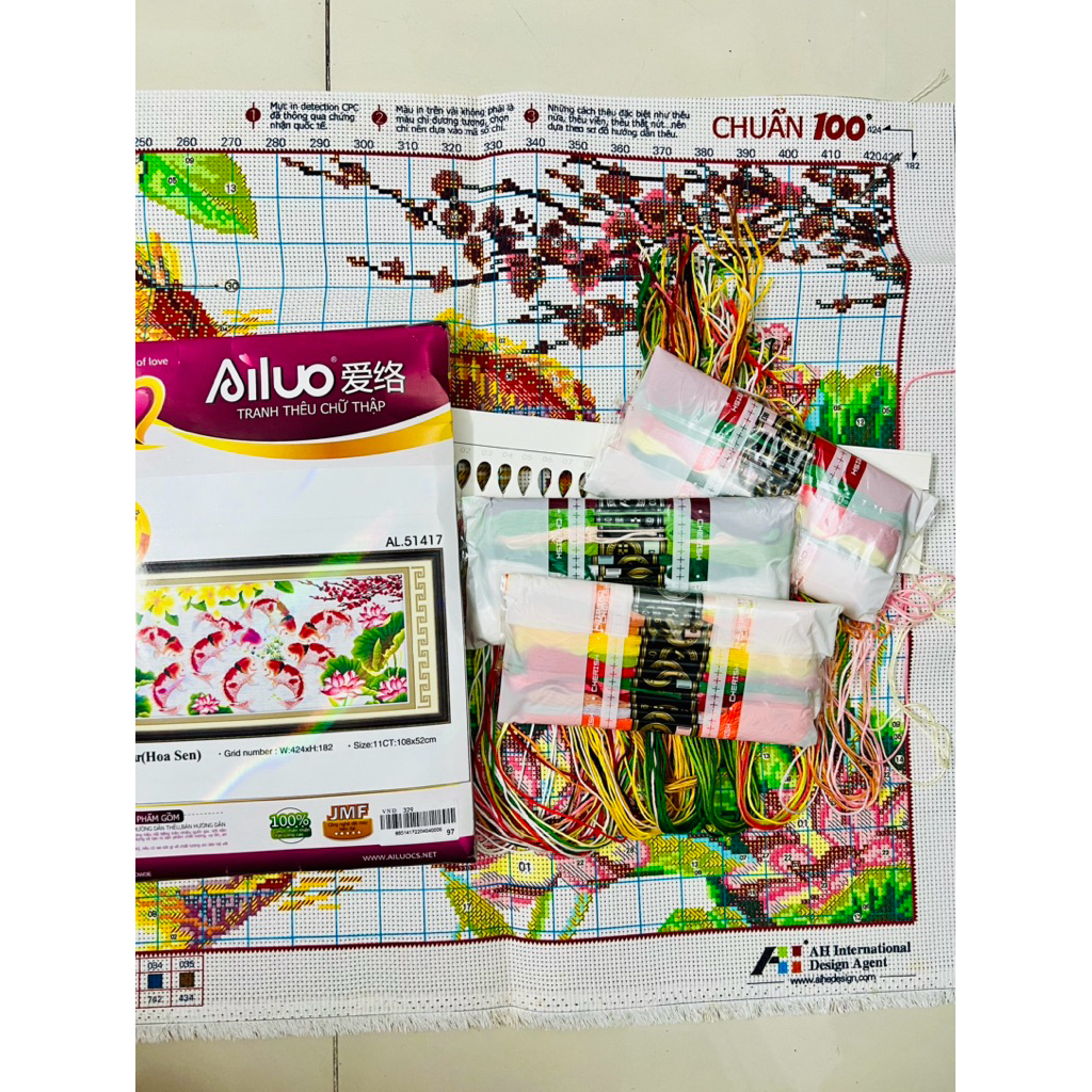 Tranh thêu chữ thập Cửu ngư quần hội AL51417, kích thước 108 x 52 cm