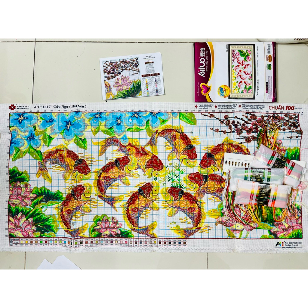 Tranh thêu chữ thập Cửu ngư quần hội AL51417, kích thước 108 x 52 cm