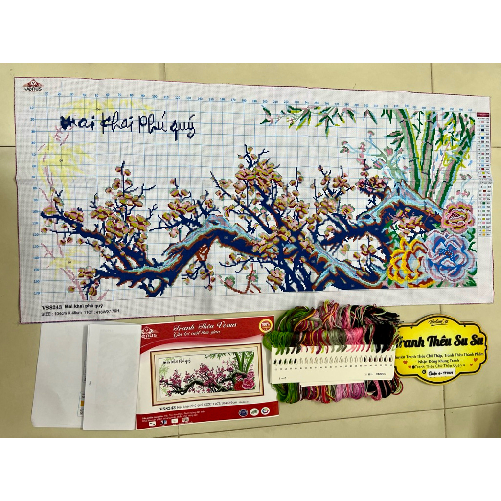 Tranh thêu chữ thập cành mai vàng VS8244, cành mai đỏ vs8243