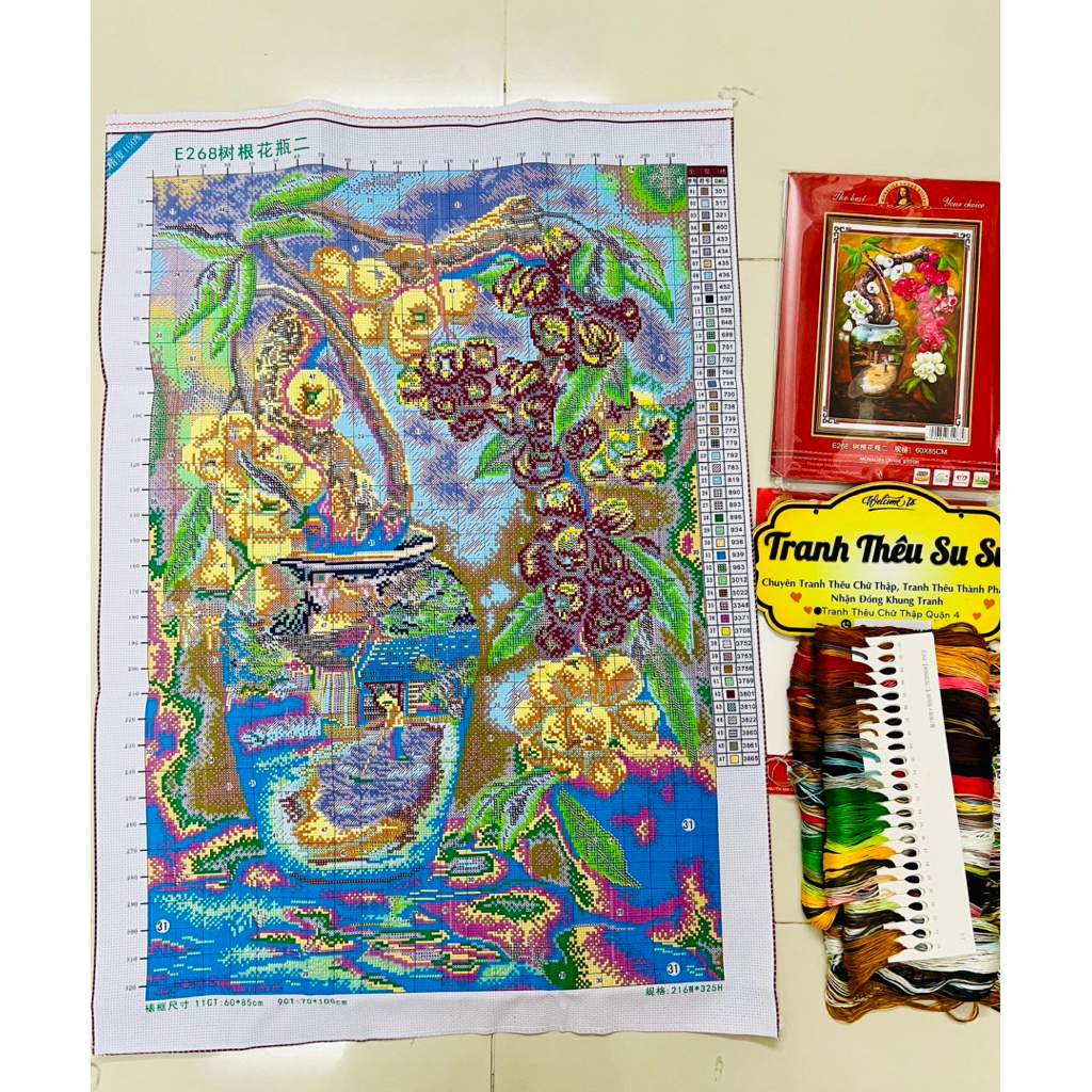 Tranh thêu kín bình hoa mận quê hương E268, kích thước 60 x 85 cm