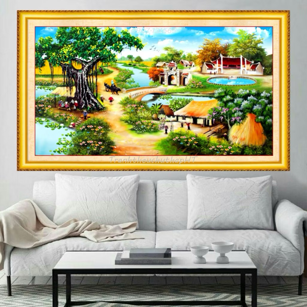 Tranh thêu chữ thập Làng quê Việt nam (cây đa) VS8265, kích thước 120 x 65 cm