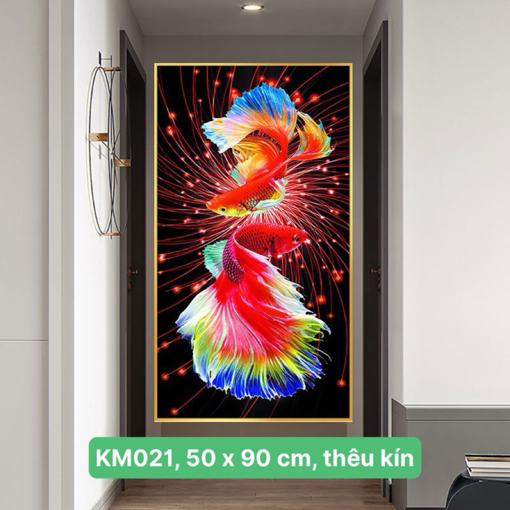 Tranh thêu kín chữ thập Song ngư KM021, kích thước 50 x 90 cm