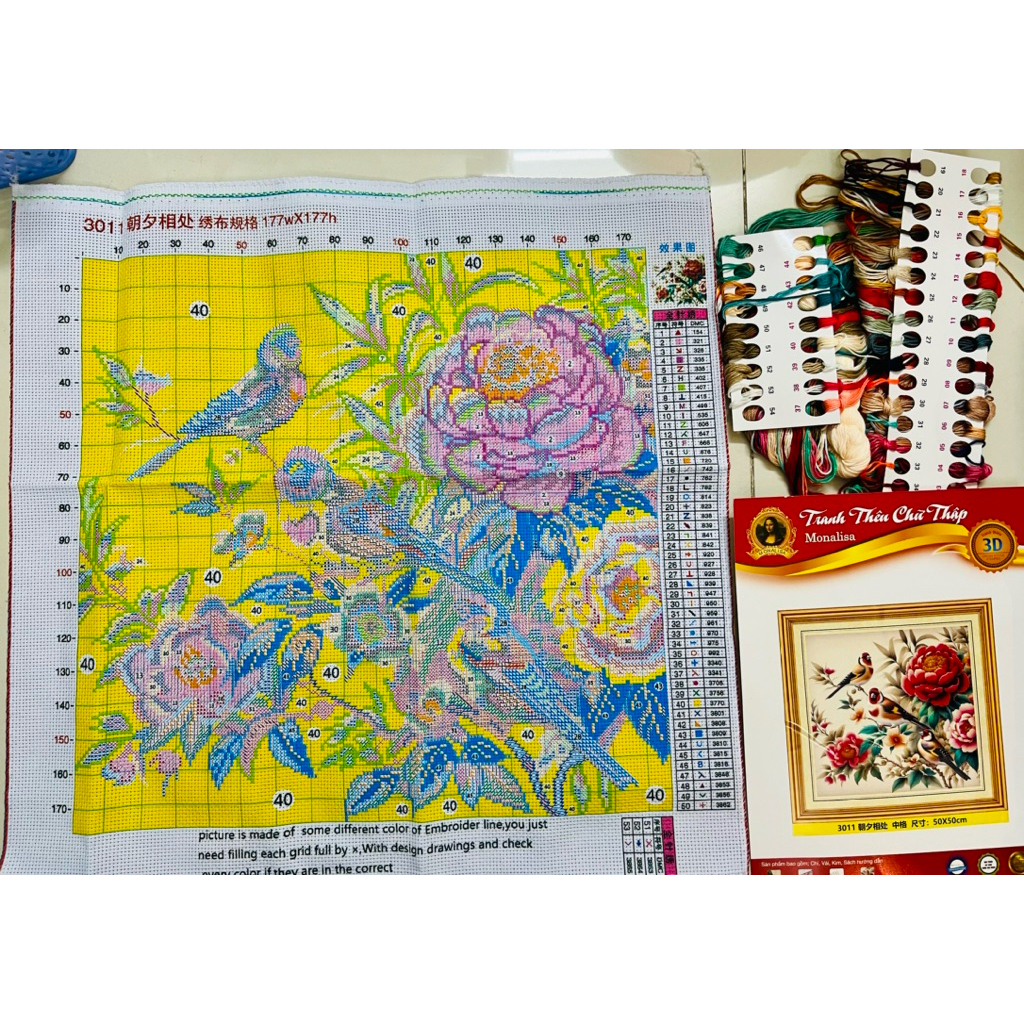 Tranh thêu kín Đôi chim và hoa 3011, kích thước 50*50 cm